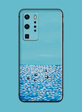 适用于小清新油画手机壳华为p50pro/p40/p9蓝色海边p30/p20磨砂防摔
