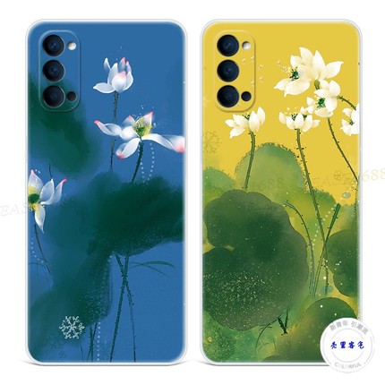 水墨荷花9适用于oppo Reno6手机壳8pro+7中国风5K莲花4se文艺3简约2z女款Ace轻薄软十