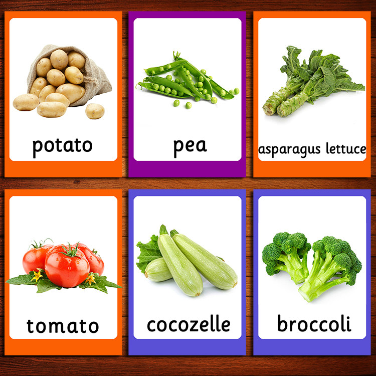 英语蔬菜单词卡片闪打卡宝宝早教启蒙实物彩色英文幼儿园教师教具