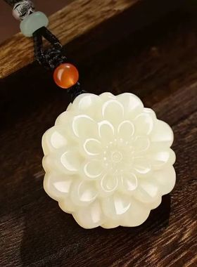 和田色青白玉玫瑰花吊坠花玉佩花开富贵挂件毛衣链百搭