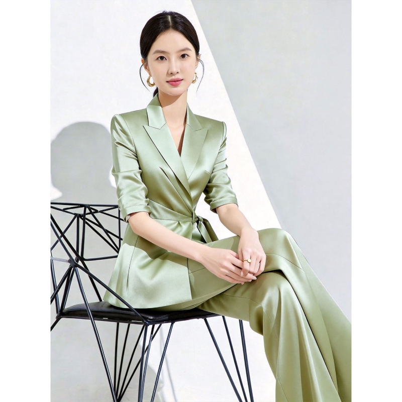 职场风短袖西装套装女牛油果绿收腰系带高级感通勤穿搭两件套夏款