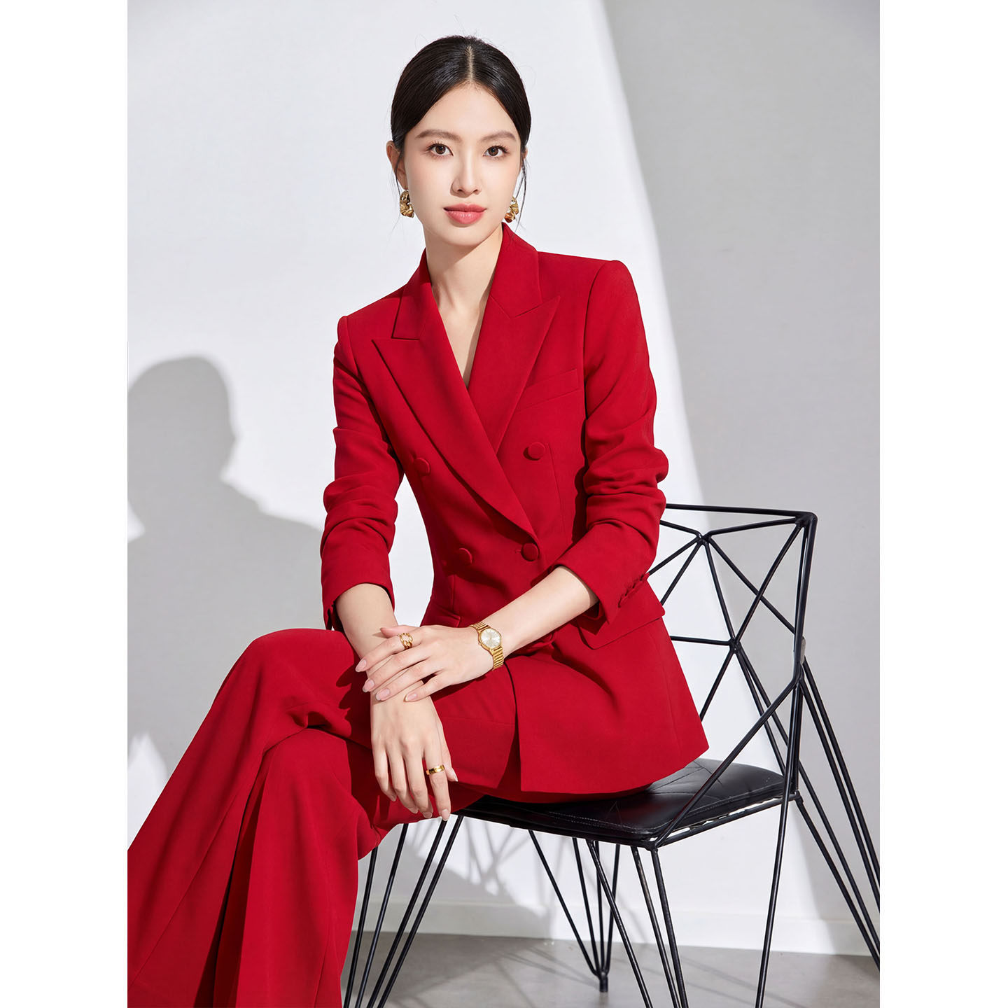 红色双排扣西装套装女高级感职场通勤气质收腰阔腿裤正装春秋款