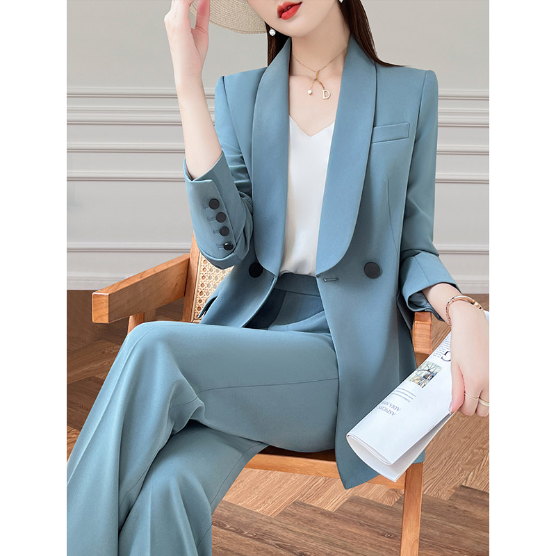 蓝色长袖西装套装女修身双排扣职业装气质商务轻熟风职场外套春秋,女装/女士精品,西装,淘宝优惠券,粉丝福利购,淘宝优惠卷