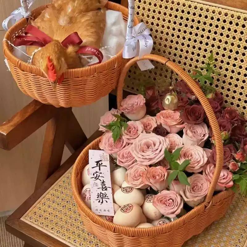 月子鸡蛋手提花篮藤编新款手工田园编织鲜花水果提篮产妇插花