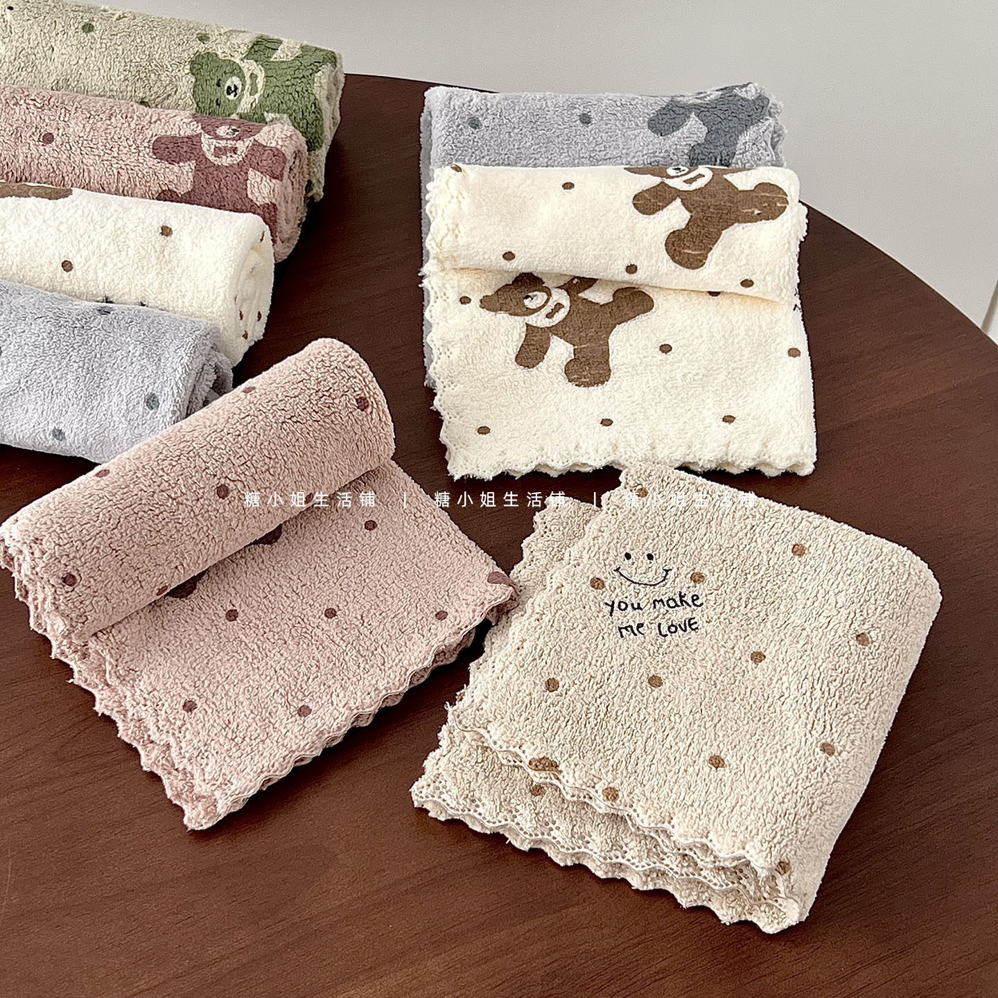 糖小姐 韩系ins珊瑚绒小方巾家用印花小熊超强吸水厨房抹布百洁布