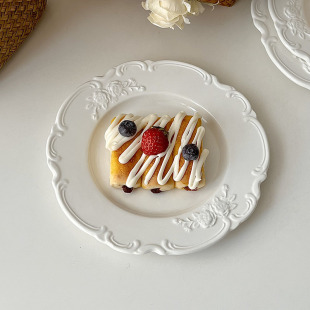 糖小姐 法式ins浮雕陶瓷盘子宫廷风餐盘白色玫瑰平盘甜品盘高颜值