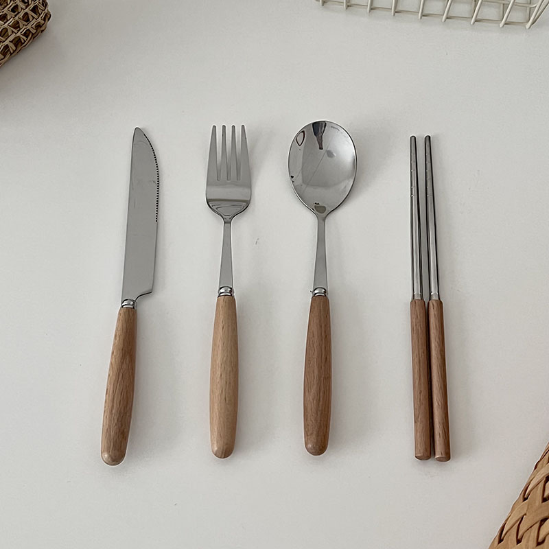 韩式ins原木柄不锈钢刀叉勺筷套