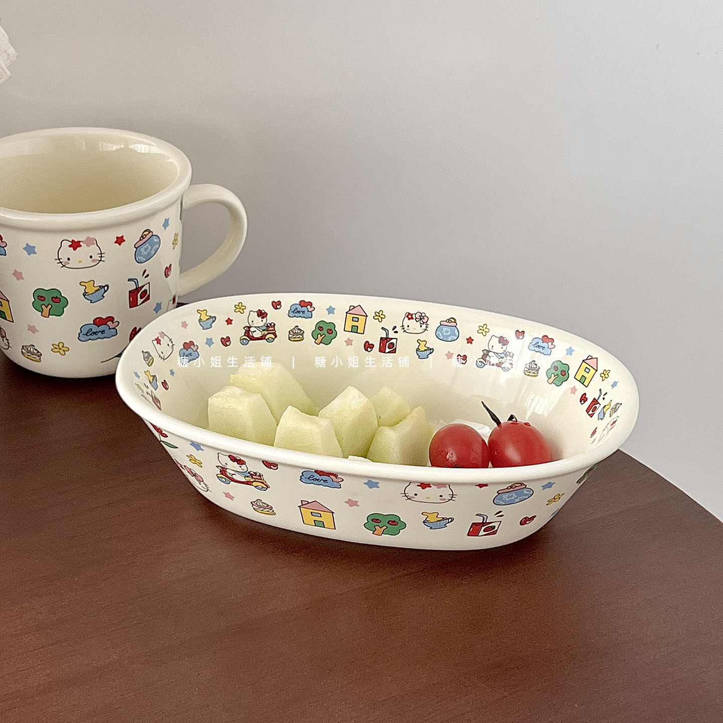 糖小姐 可爱卡通沙拉碗家用陶瓷高颜值漂亮KT椭圆形蔬菜水果碗