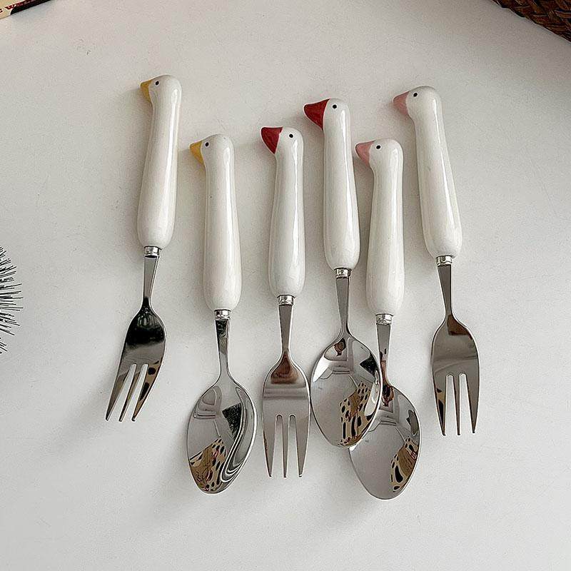 糖小姐卡通304不锈钢勺叉套装陶瓷手柄小鸭儿童勺子高颜值餐具