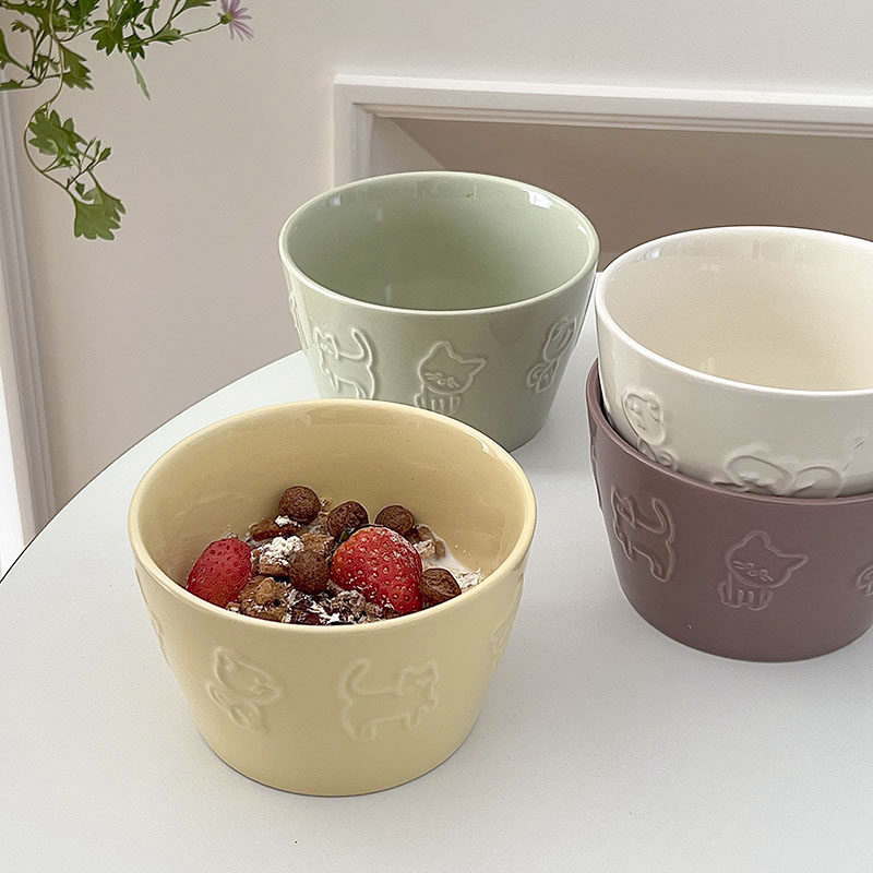 糖小姐 韩国风ins陶瓷碗浮雕猫咪甜品碗奶呼呼燕麦酸奶碗饭碗餐具