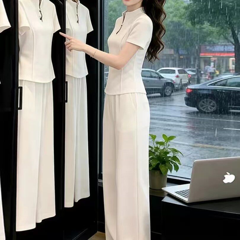 高级感白色休闲运动套装女夏天收腰显瘦气质短袖上衣阔腿裤两件套