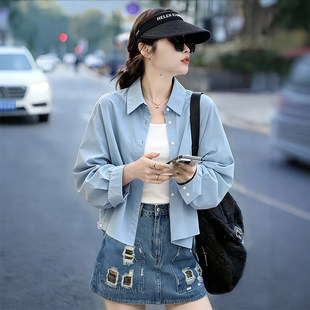韩版宽松蓝色长袖衬衫女款夏2026新款慵懒风休闲短版开襟外套防晒