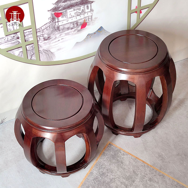 明清古典实木圆凳棕色胡桃木色仿古矮凳胡桃色鼓凳古筝凳换鞋凳子