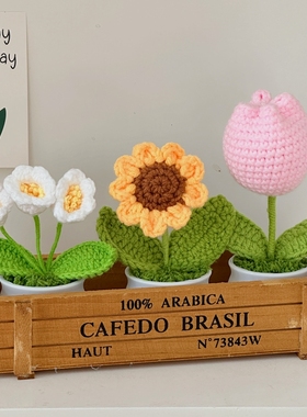 毛线钩针向日葵盆栽花束桌面摆件