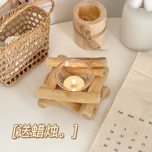 ins风漂流木烛台装饰摆件 原木田园复古玻璃摆件拍照道具蜡烛底座