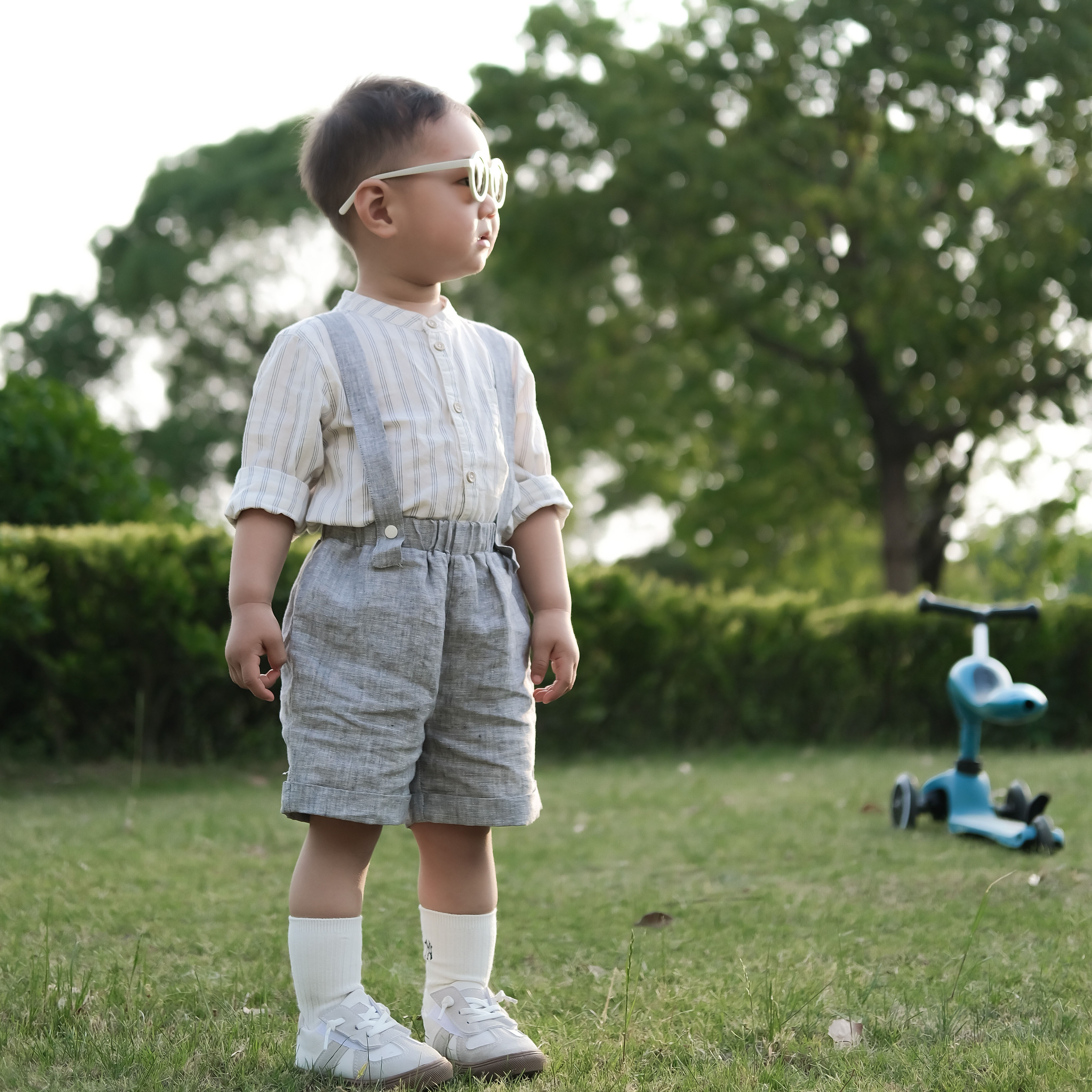 拉波米纯亚麻五分背带短裤