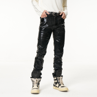 viavitsoe 树皮皱黑刷胶涂层修身直筒加长牛仔蜡裤男高街潮流小众