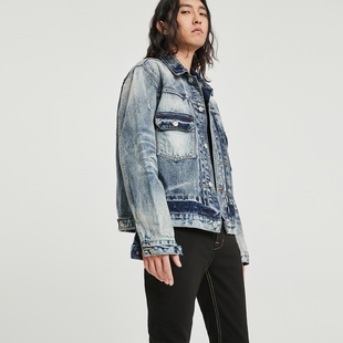 viavitsoe水洗做旧手磨糜烂破坏重工小众设计短款牛仔夹克外套男