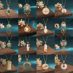 中国风配饰古法镀金珐琅彩绘竹报平安竹节仿和田玉复古项链女旗袍