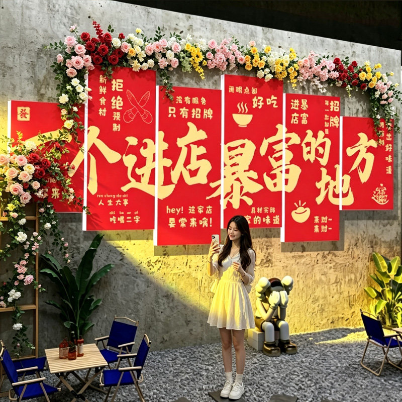 网红拍照打卡餐饮店墙面装饰进店暴富火锅烧烤肉饭奶茶店背景墙贴