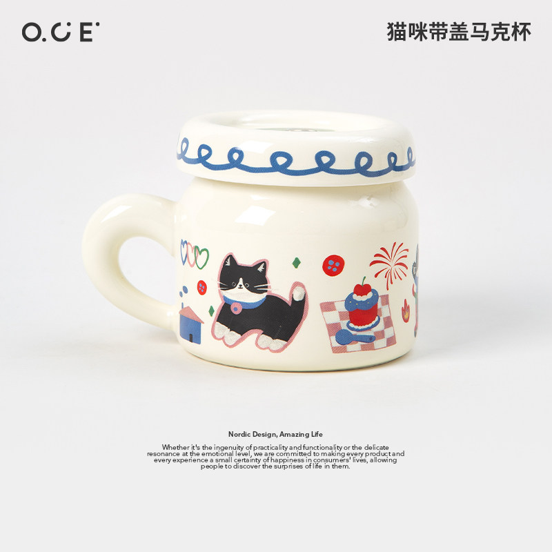 OCE猫咪带盖马克杯陶瓷水杯家用高颜值情侣杯子女生办公室咖啡杯图片