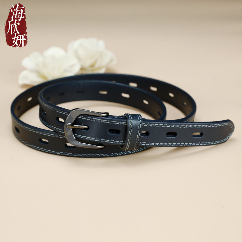 女士皮带头层牛皮时尚百搭免打孔配西装腰带真皮蓝色休闲牛仔裤带
