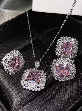 璀璨奢华彩宝耳钉镀18K金公主粉方麦穗满钻开口戒指璀璨满钻项链