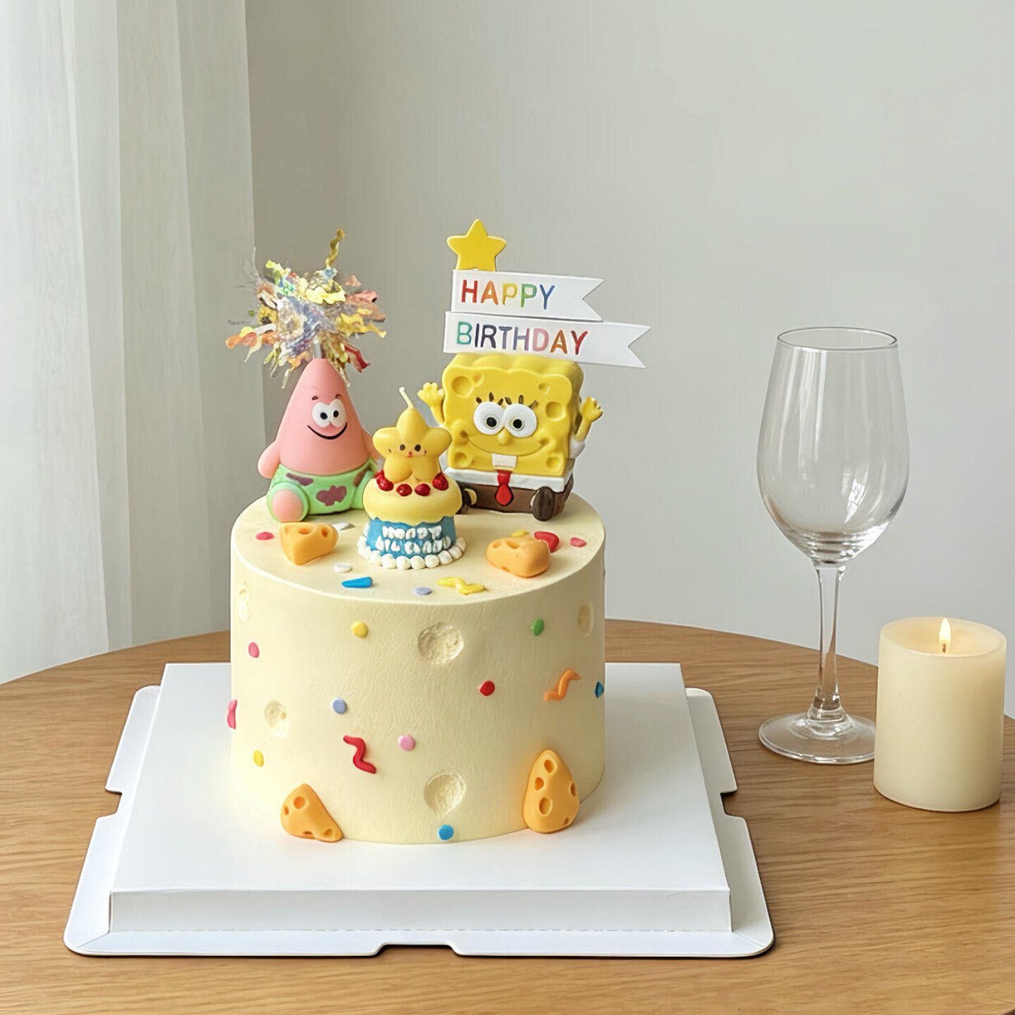 网红海绵宝宝蛋糕装饰派大星摆件儿童生日软胶小蛋糕雨丝甜品插件