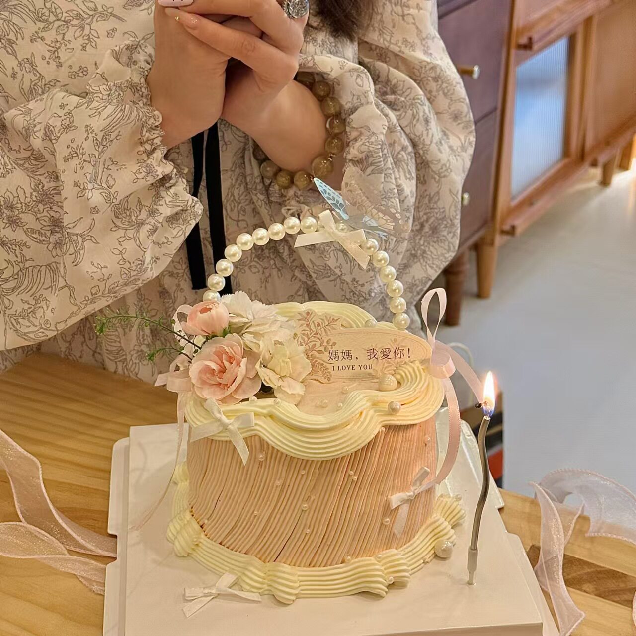 抱抱酱同款母亲节珍珠拱门蛋糕装饰插件鱼尾纱丝带蝴蝶结烘焙配件