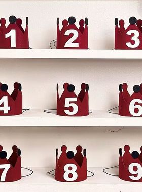 韩国红色皇冠数字帽生日氛围拍照毛毡帽儿童男女孩周岁装饰品道具