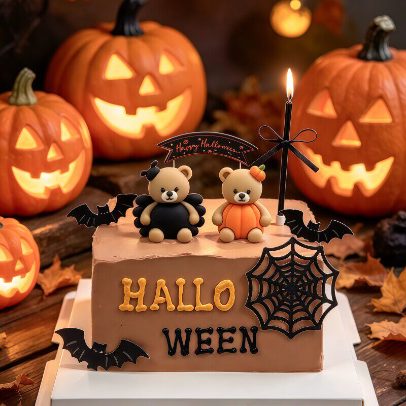 万圣节HappyHalloween蛋糕装饰插牌可爱南瓜蜘蛛小熊节日装扮摆件