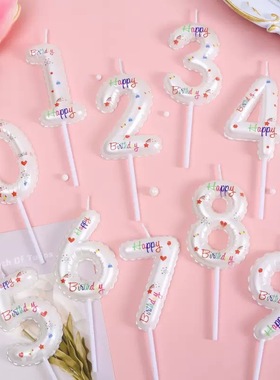 新款烘焙蛋糕装饰白色气球数字生日快乐蜡烛渐变色粉色ins风装扮