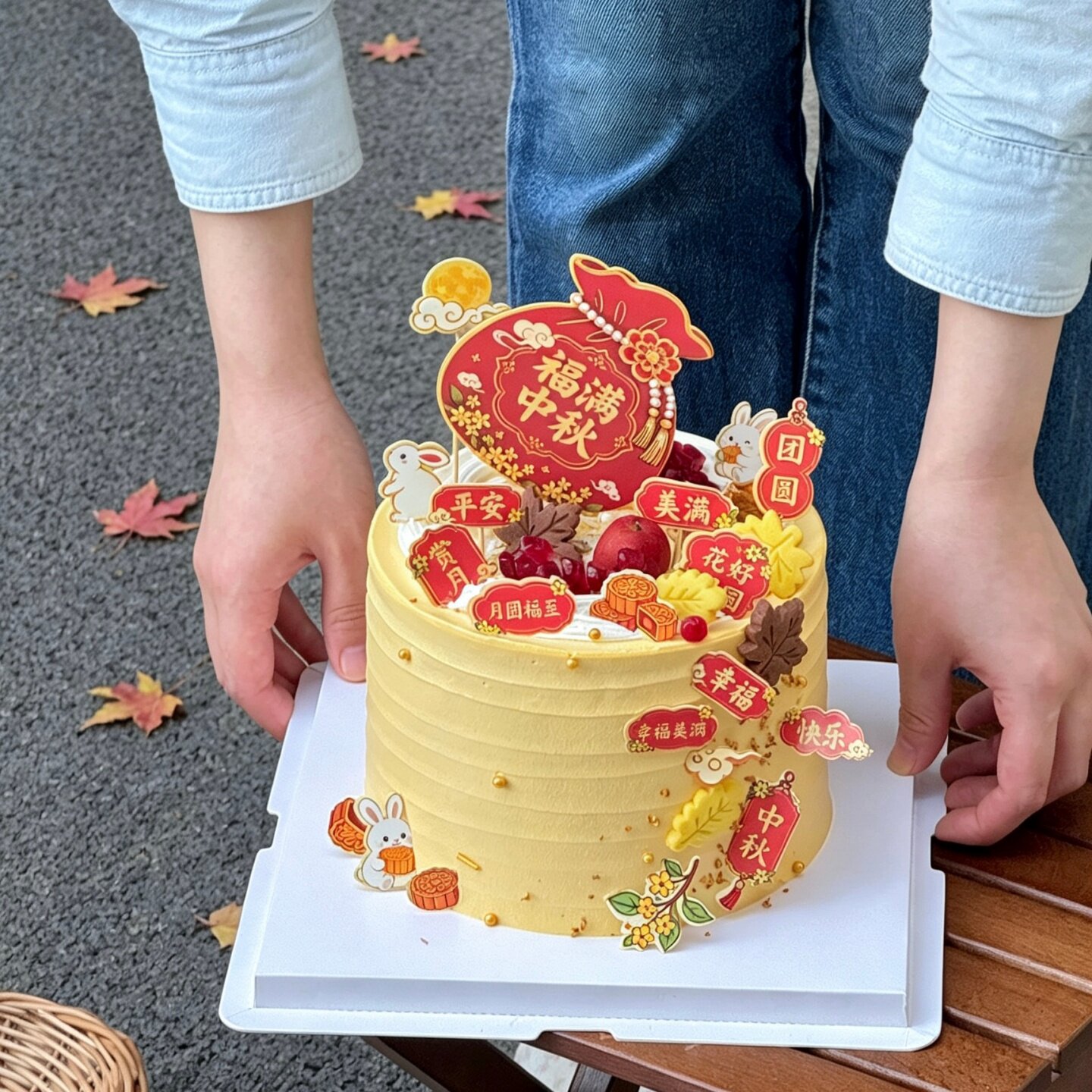 网红福满中秋钱袋祝福语蛋糕装饰插牌秋季树叶造型饼干甜品台插件