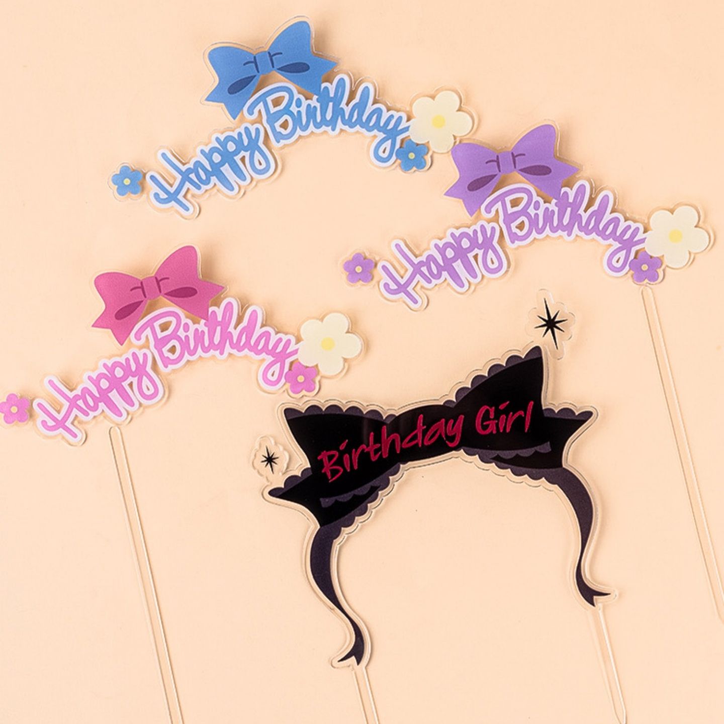 网红卡通亚克力蝴蝶结拱门蛋糕装饰插件女孩女神生日快乐甜品装扮