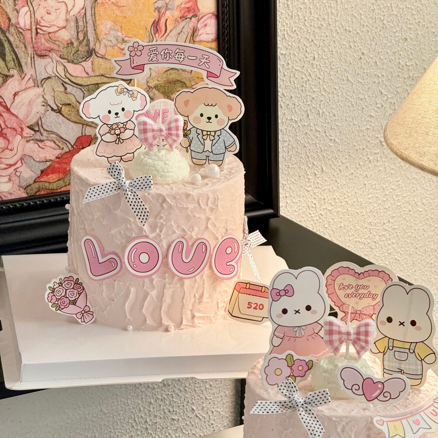网红情人节蛋糕装饰LOVE情侣卡通小狗小兔插牌蝴蝶结蜡烛烘焙插件