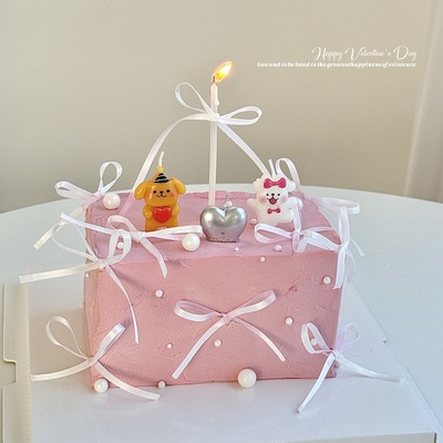 七夕情人节蛋糕装饰线条小狗抱爱心蜡烛摆件蝴蝶结丝带装扮摆件