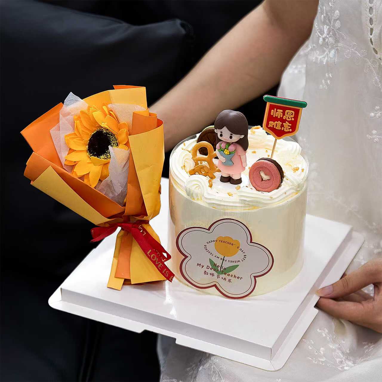2026教师节仿真向日葵蛋糕装饰捧花女老师恩师难忘甜品台装扮摆件
