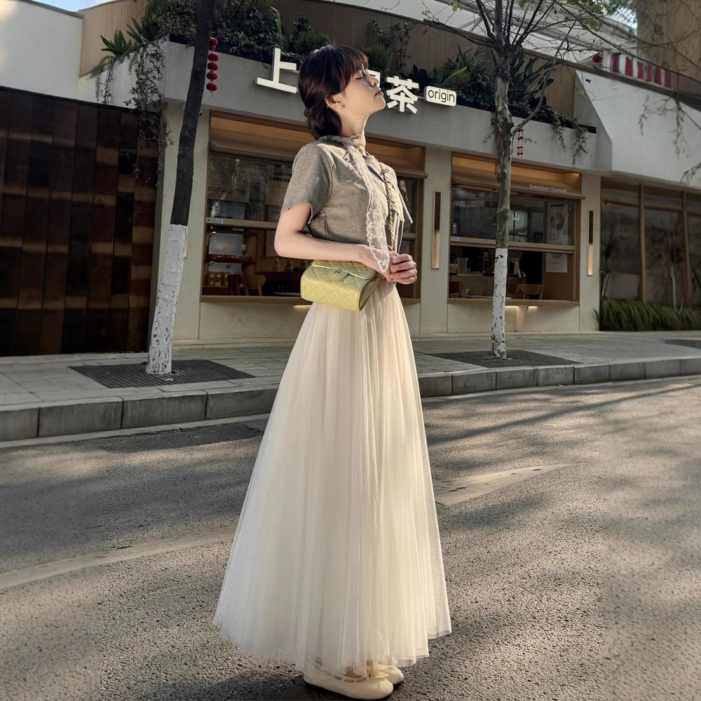 2026春季新款纱裙白色网纱半身裙女垂坠感a字高腰长裙大摆蓬蓬裙