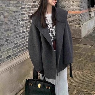 呢子宽松连帽毛呢外套 小个子短款 高级感羊毛双面呢大衣女韩版 冬季