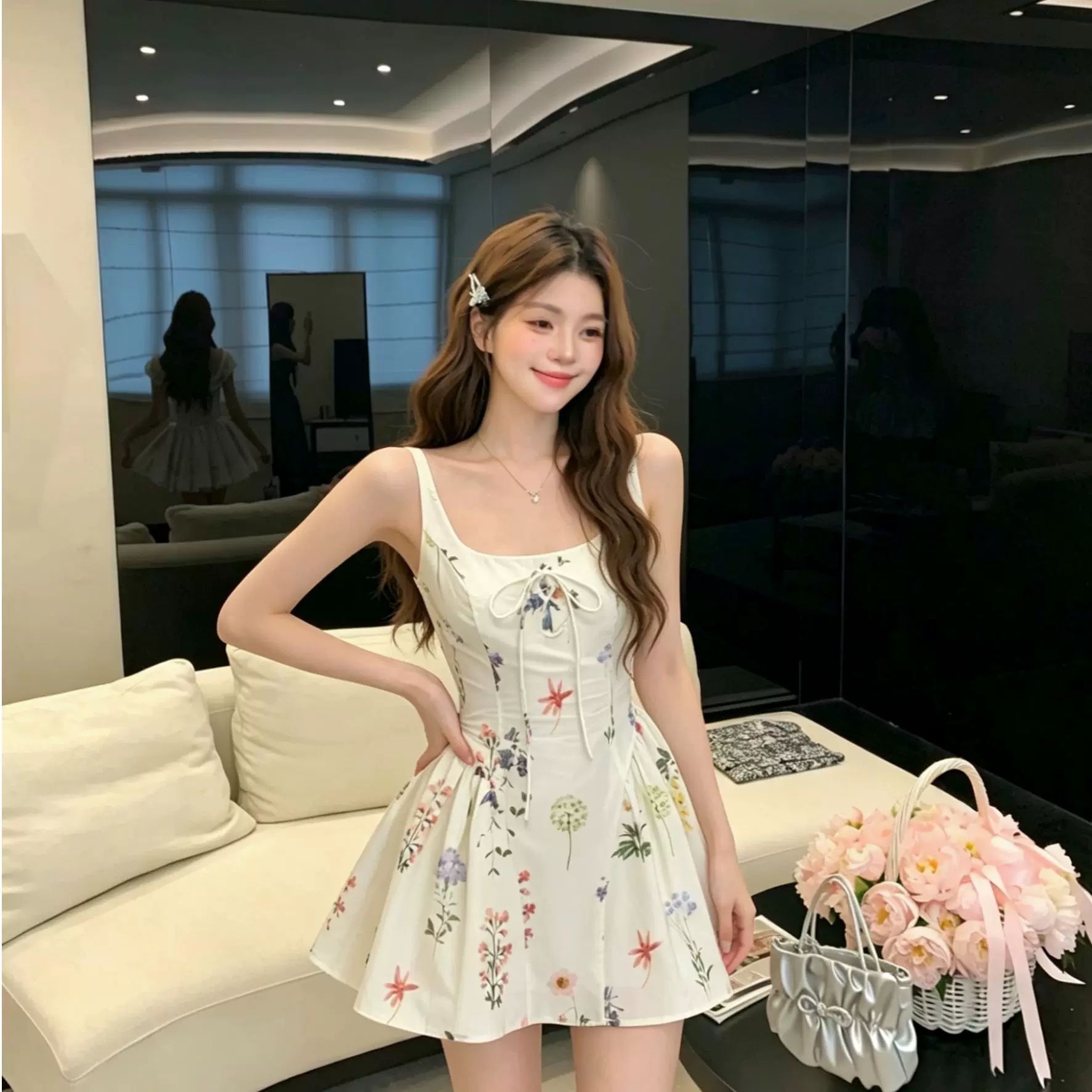Take off 小白花 裙子女夏季显瘦收腰系带碎花连衣裙公主感吊带裙