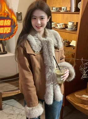 超好看毛毛外套女冬季小个子毛绒拼接牛仔外套加厚环保狐狸毛上衣