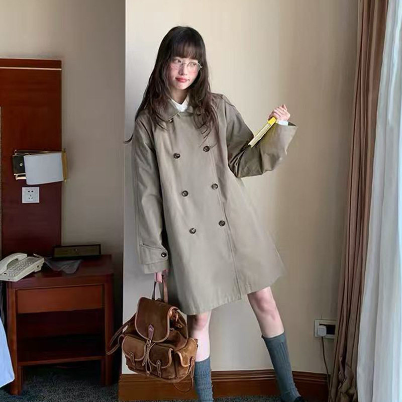 TAKE 韩系设计感中长款娃娃领风衣春秋女宽松双排扣新款斗篷外套