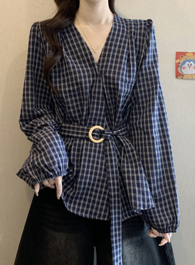 深蓝色格子长袖衬衫女秋装2025新款大码胖mm高级收腰绑带遮肚上衣