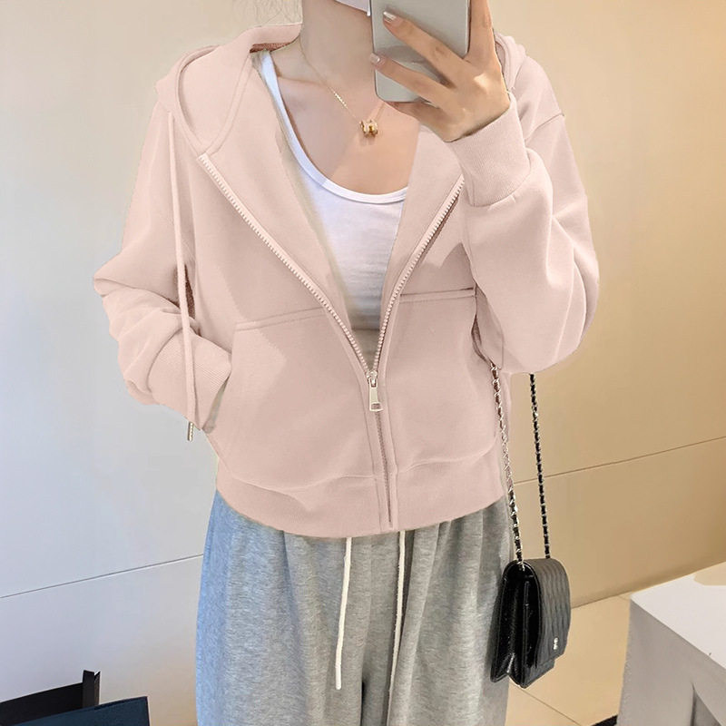 TAKEOFF自制~慵懒好版型粉色连帽卫衣外套女秋季拉链宽松长袖上衣