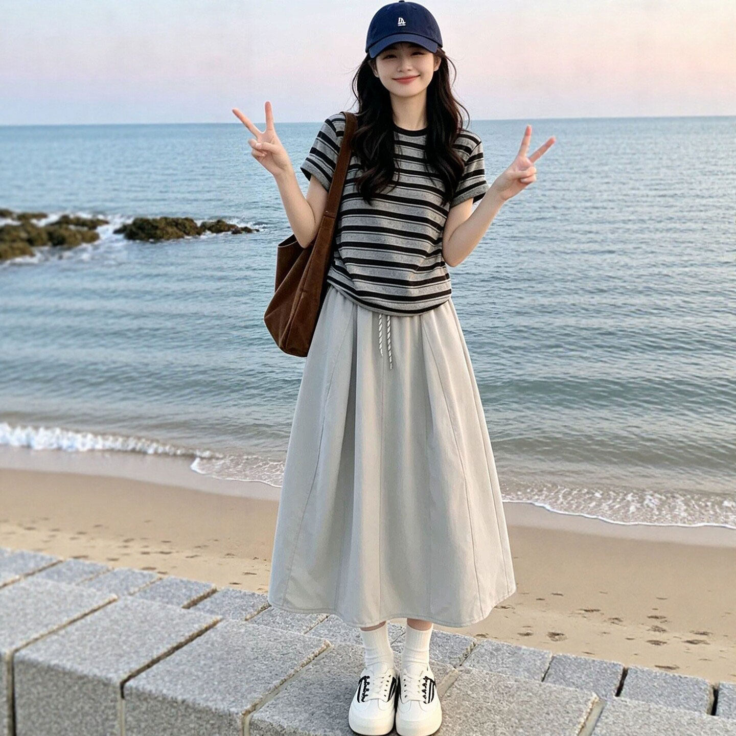 2026新款条纹T恤半身连衣裙女夏季小个子巨好看穿搭a字伞裙南瓜裙