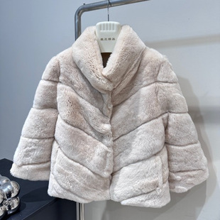 TAKE~ '千金奶兔'进口雷克斯獭免毛短款皮草外套25年冬季毛毛大衣