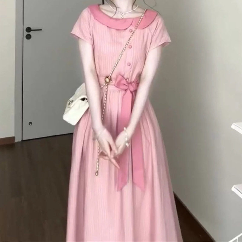 2025新款洋气减龄粉色甜美连衣裙子女装夏季短袖条纹收腰气质长裙