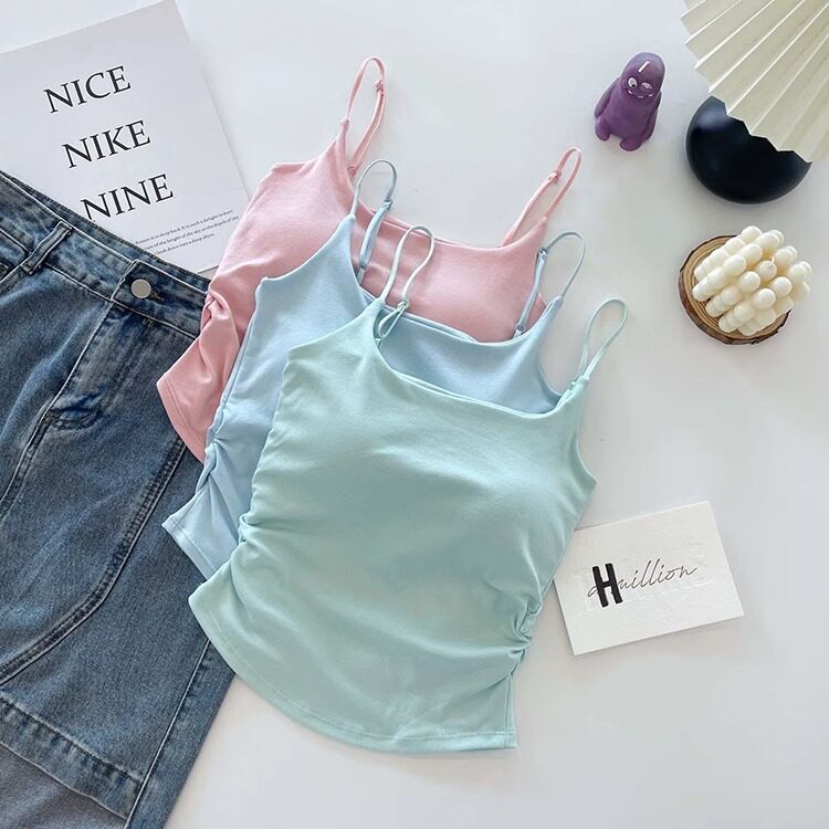 吊带背心女2026新款带胸垫内搭外穿美背夏小褶皱黄色打底无袖上衣