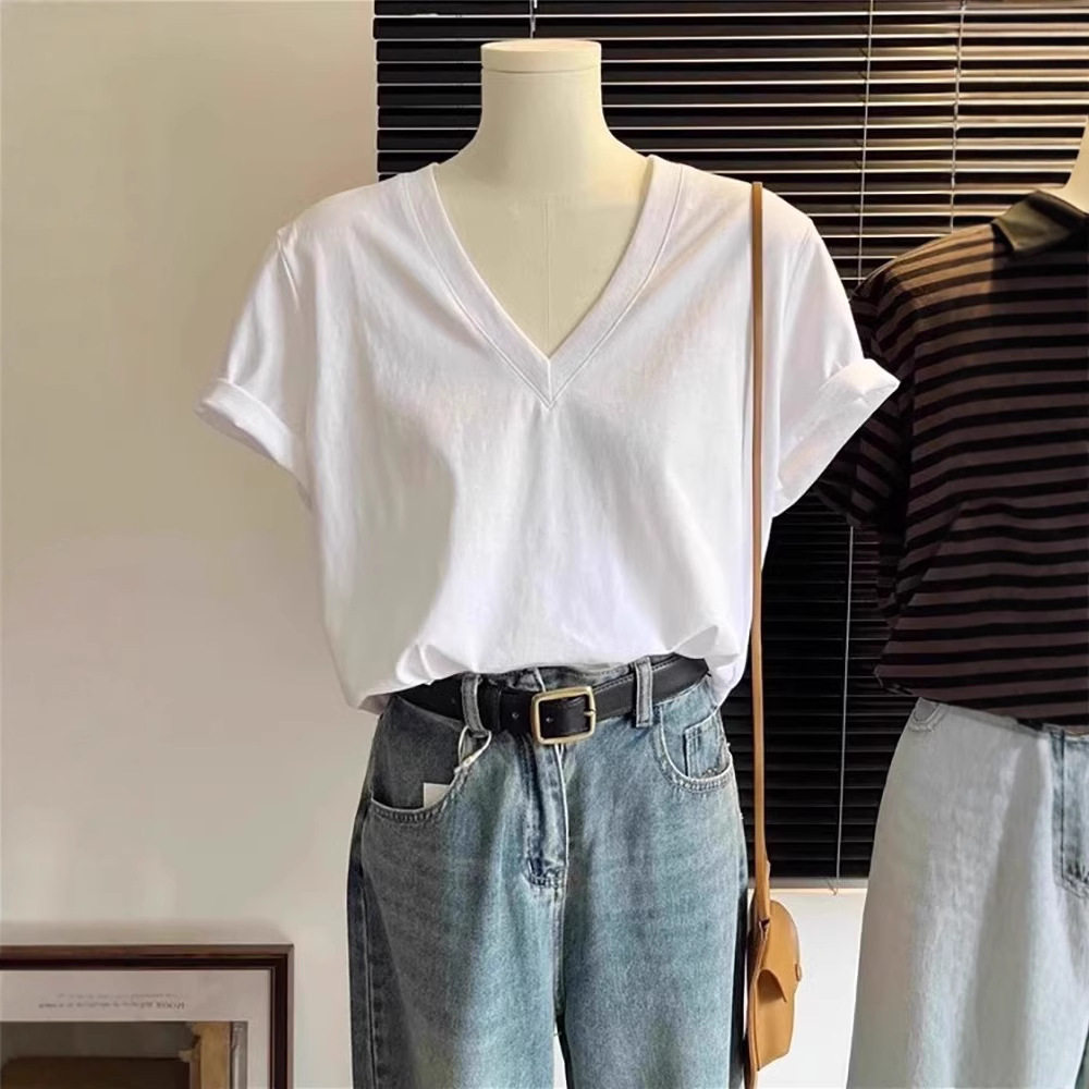 夏季2024韩版V领简约白色短袖女正肩鸡心领T恤宽松百搭纯棉上衣潮