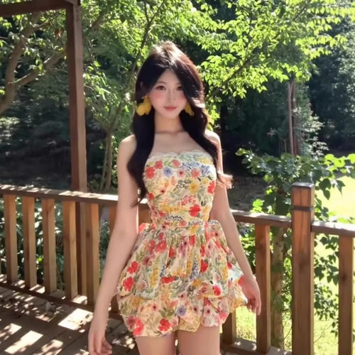 Take off【挚爱花神】手工缝折痕双层蕾丝抹胸花边花苞裙连衣裙女